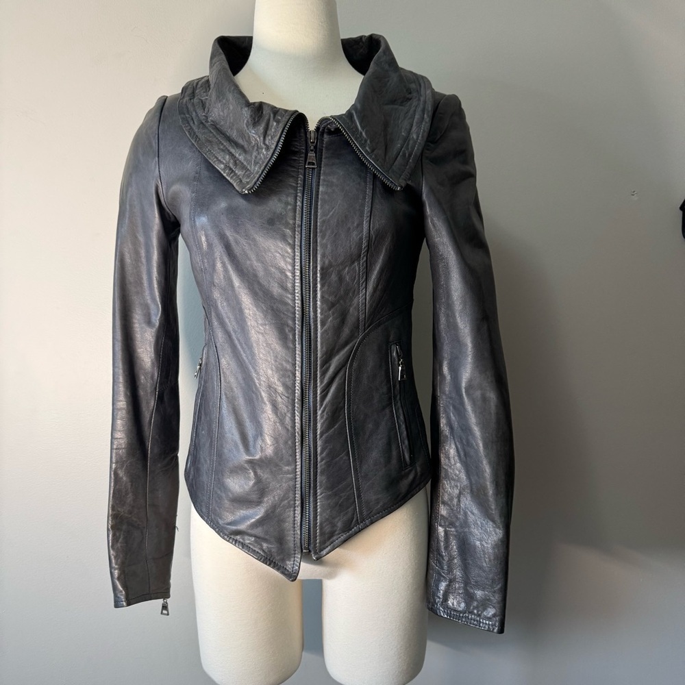 Danier Grayish Leather Jacket with Unique Collar May Fit XS-S